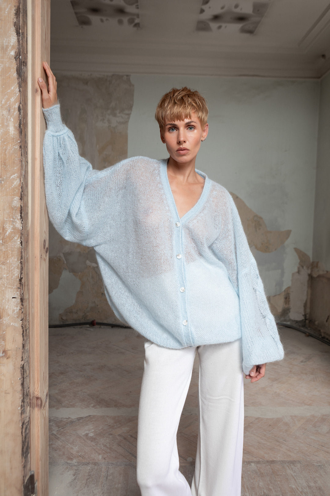 SOFT BLUE MOHAIR AND SILK CARDIGAN
