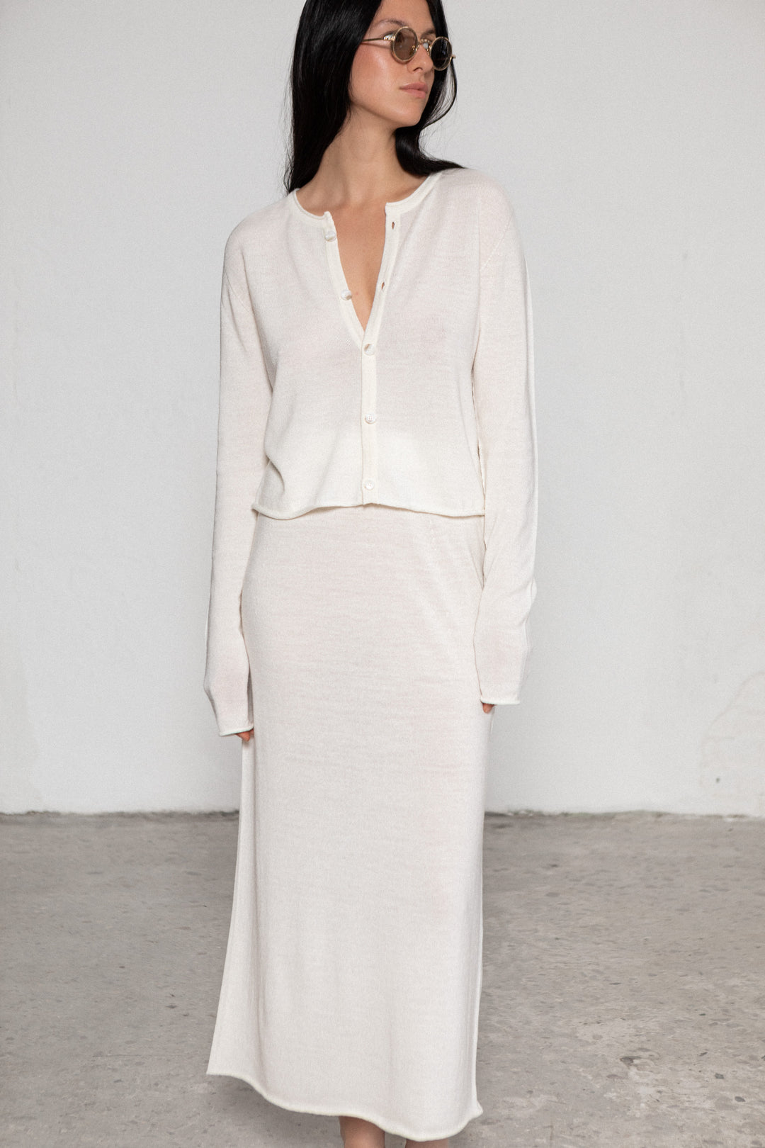 PEARL SHEER-KNIT EXTRA FINE MERINO WOOL MIDI SKIRT