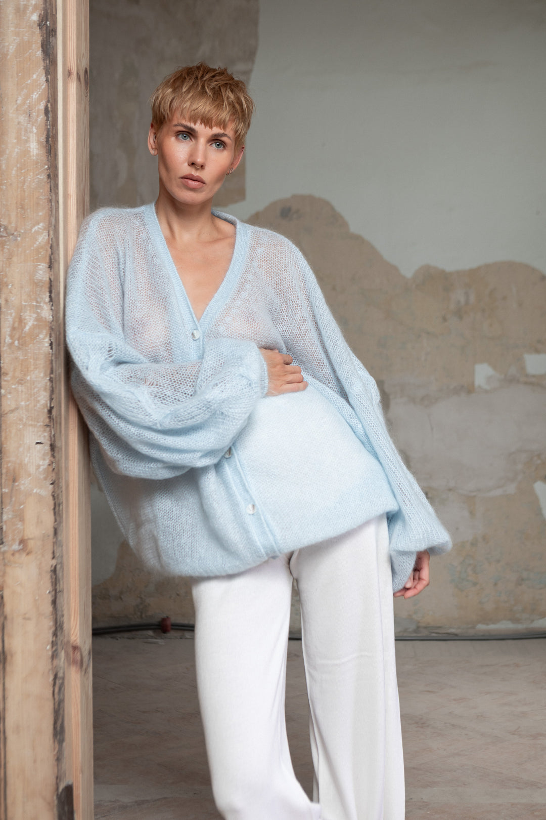 SOFT BLUE MOHAIR AND SILK CARDIGAN