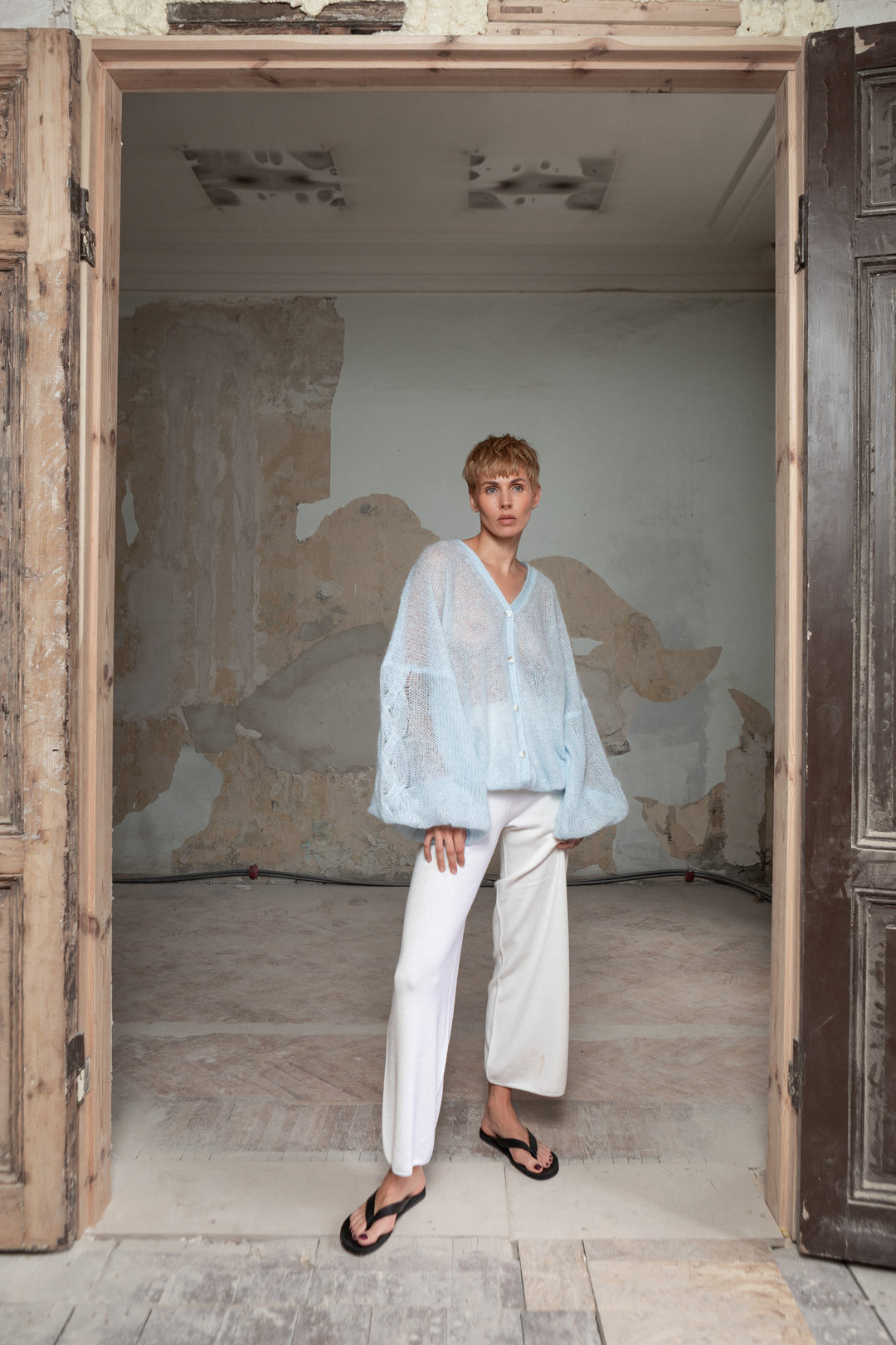 SOFT BLUE MOHAIR AND SILK CARDIGAN
