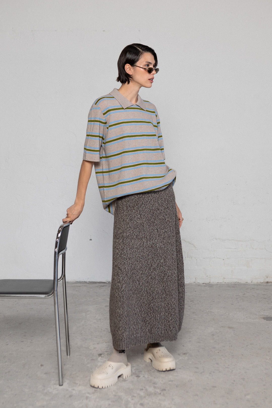 POWDER STRIPED CASHMERE-MERINO WOOL POLO T-SHIRT