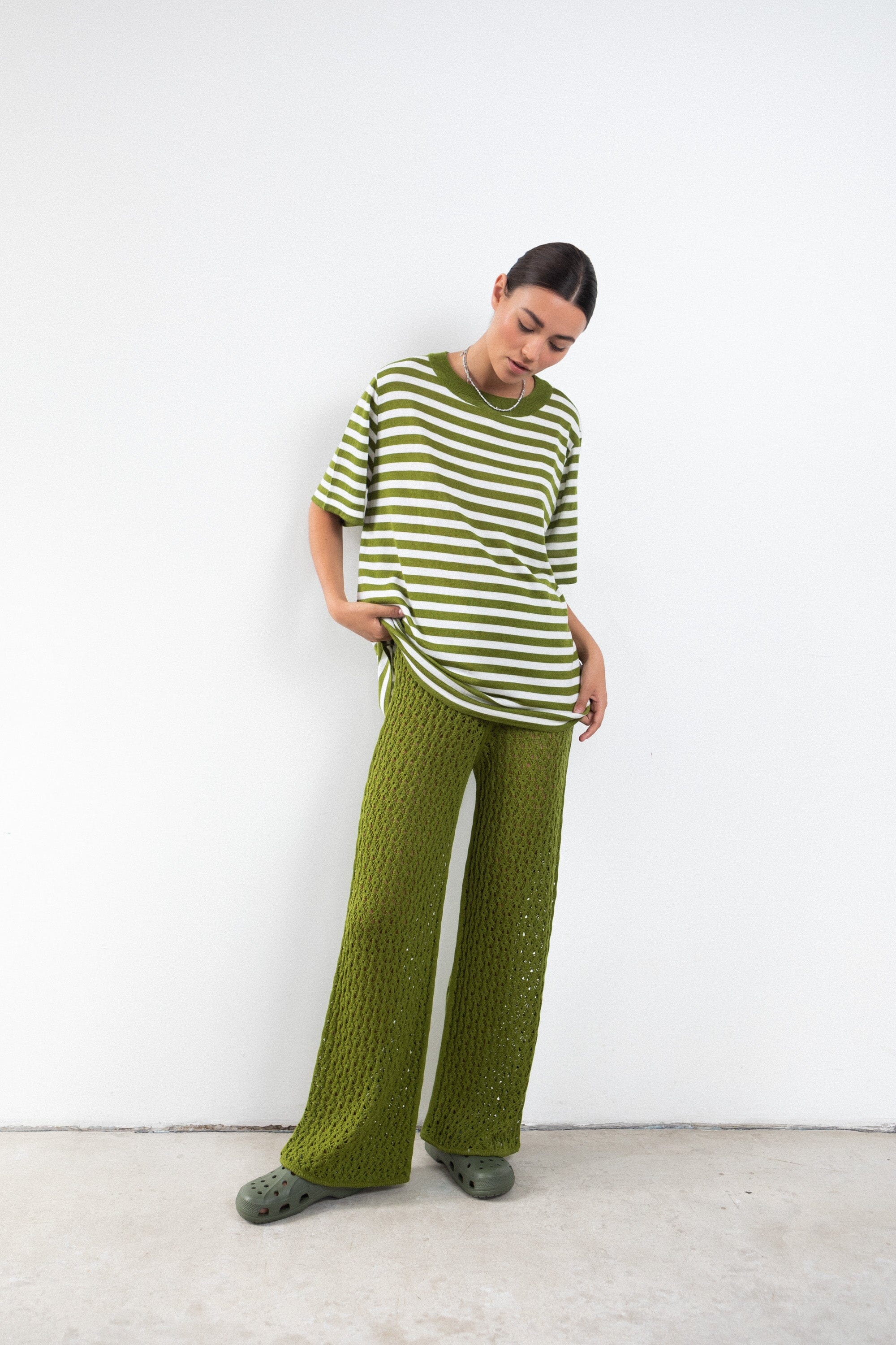 LIME GREEN EXTRA FINE MERINO WOOL LACE TROUSERS for lovers and trees 