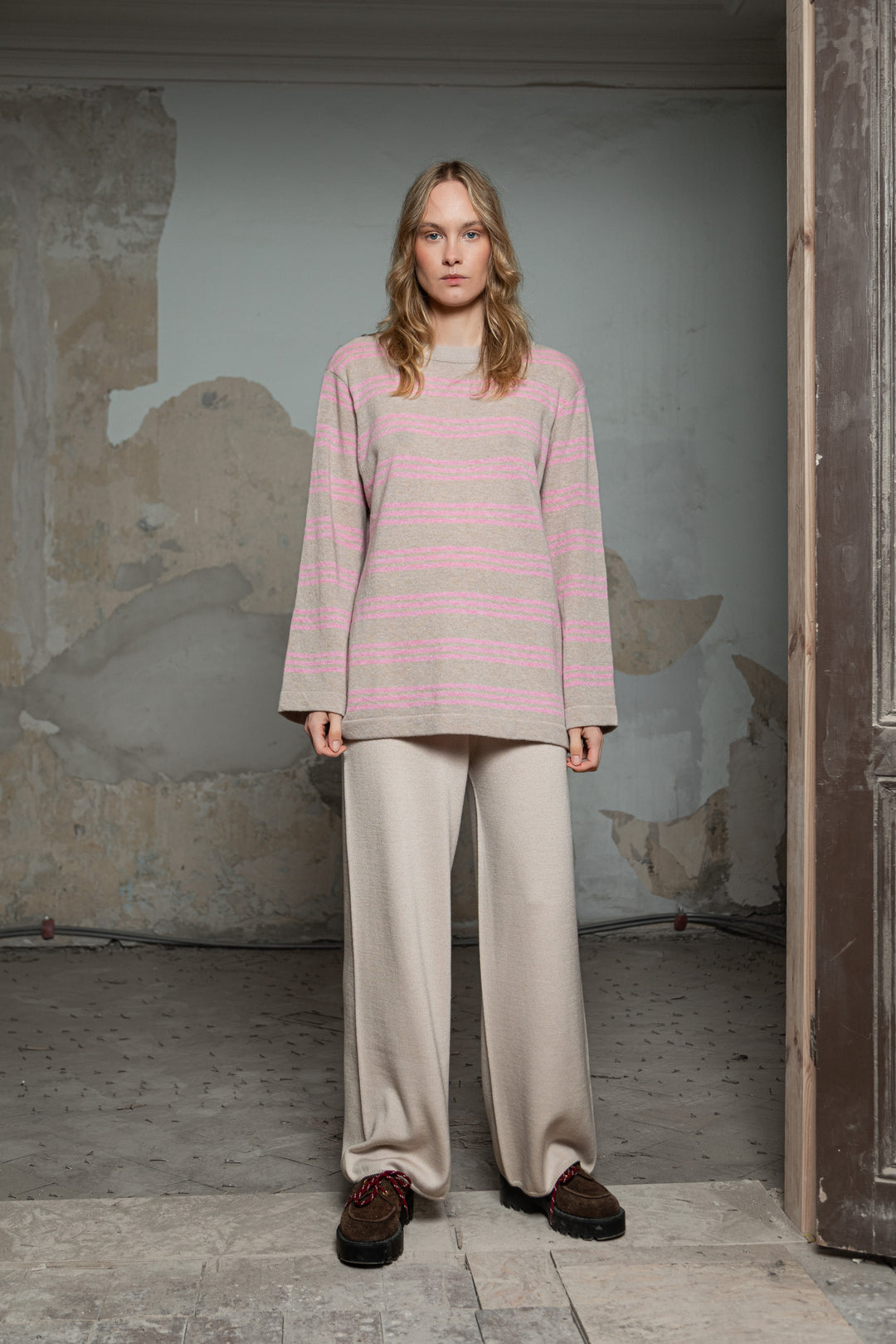 POWDER/SOFT PINK CASHMERE-MERINO WOOL SHIRT