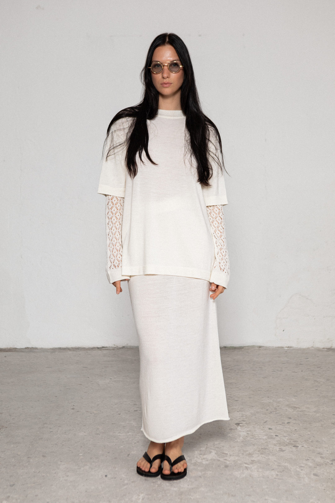 PEARL SHEER-KNIT EXTRA FINE MERINO WOOL MIDI SKIRT