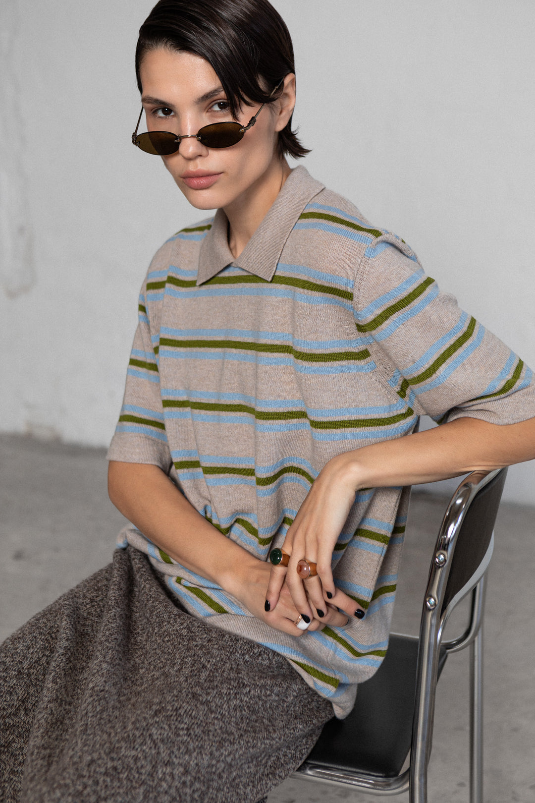 POWDER STRIPED CASHMERE-MERINO WOOL POLO T-SHIRT