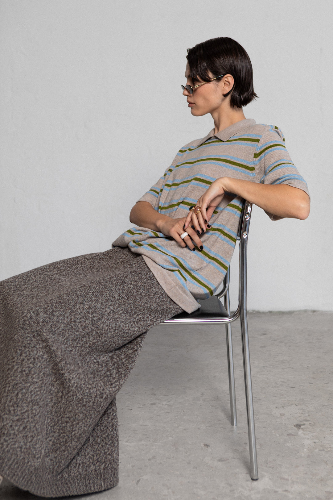 POWDER STRIPED CASHMERE-MERINO WOOL POLO T-SHIRT