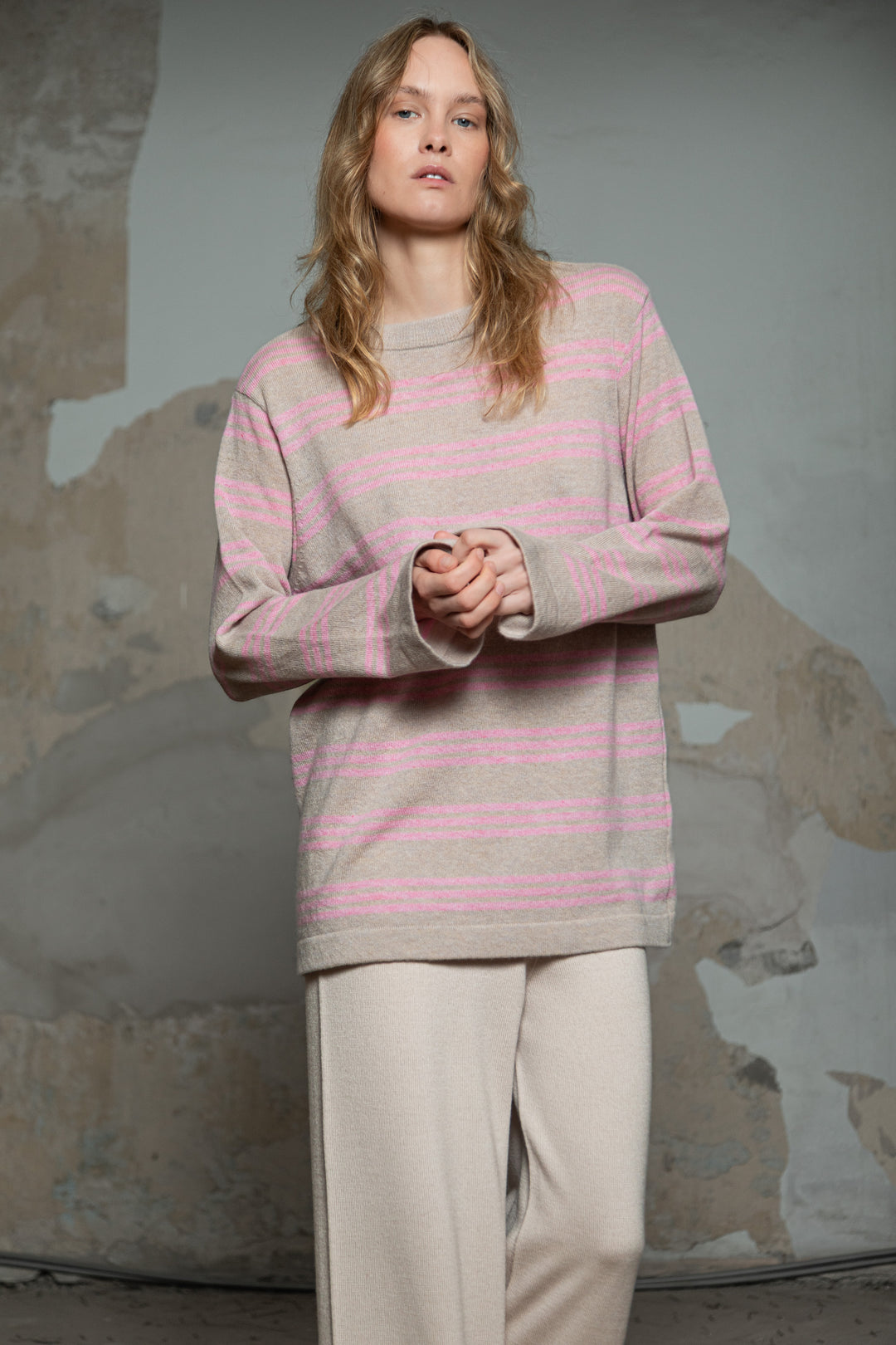 POWDER/SOFT PINK CASHMERE-MERINO WOOL SHIRT