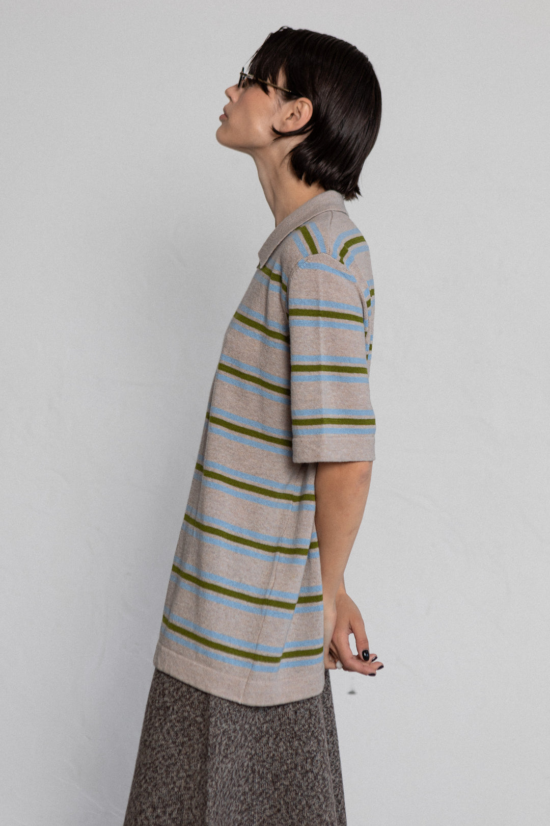 POWDER STRIPED CASHMERE-MERINO WOOL POLO T-SHIRT