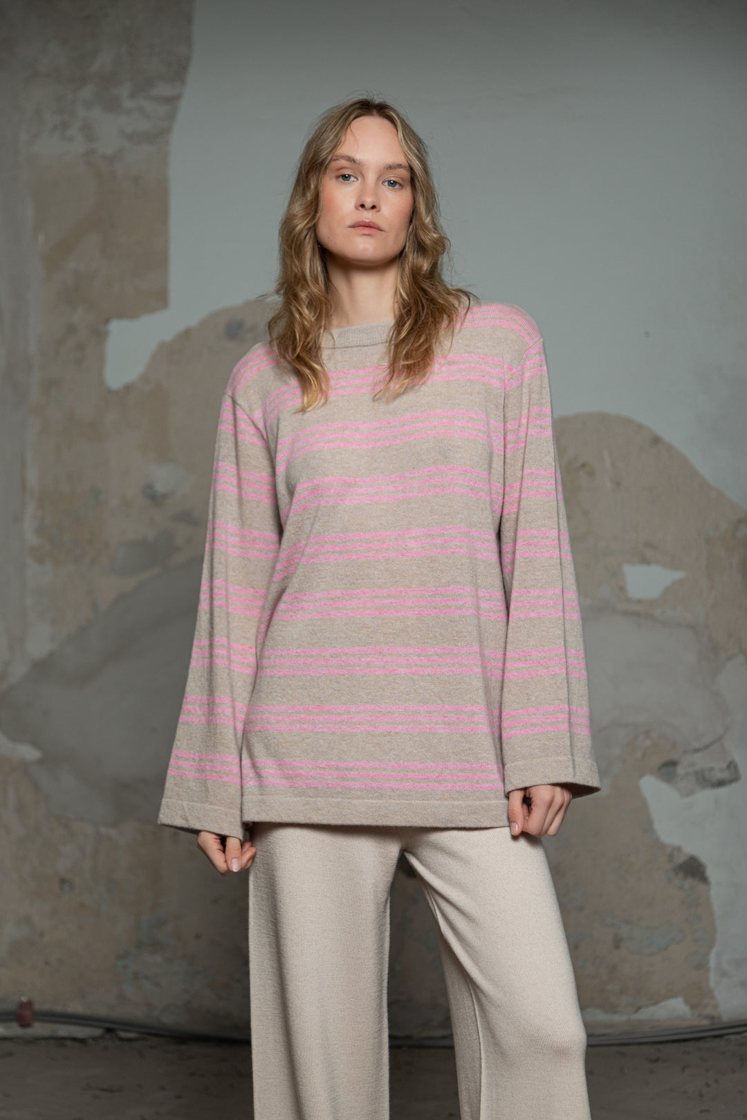 POWDER/SOFT PINK CASHMERE-MERINO WOOL SHIRT
