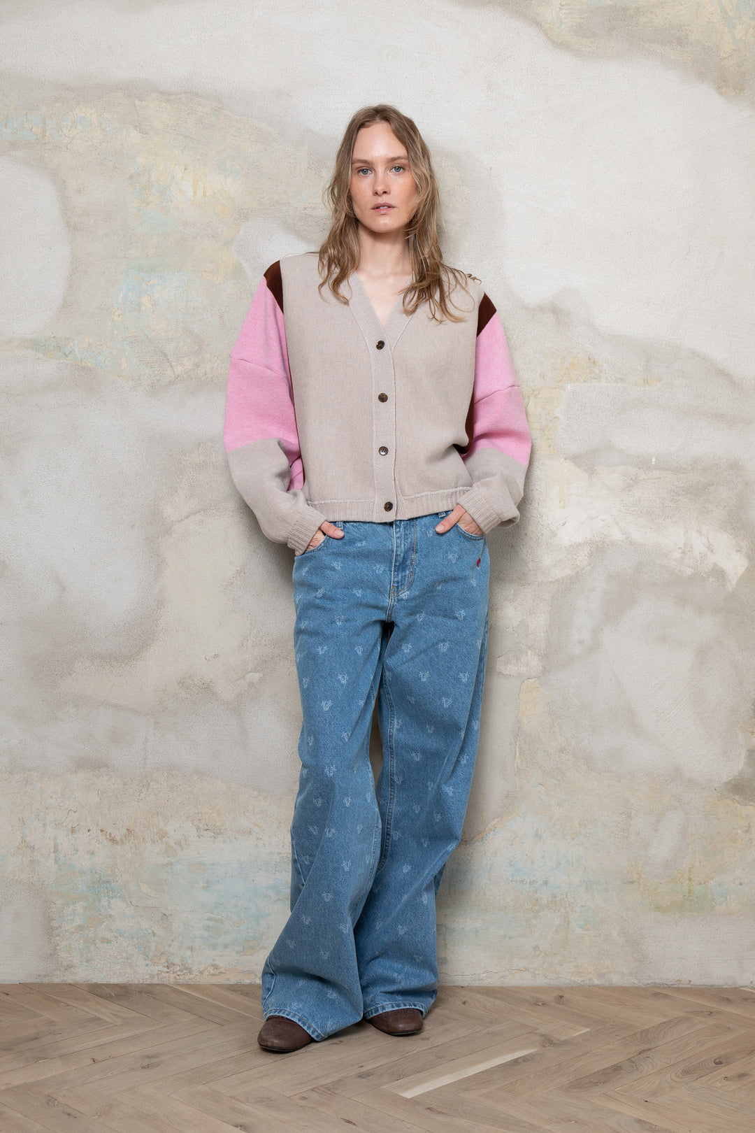 POWDER/SOFT PINK/CHOCOLATE CASHMERE-MERINO WOOL BOMBER JACKET
