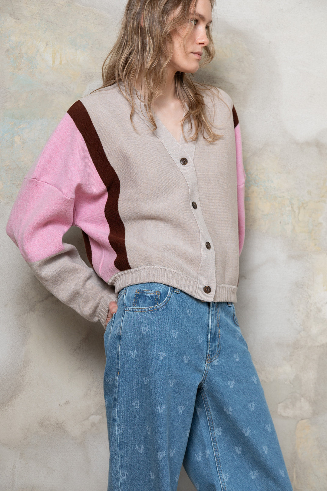 POWDER/SOFT PINK/CHOCOLATE CASHMERE-MERINO WOOL BOMBER JACKET