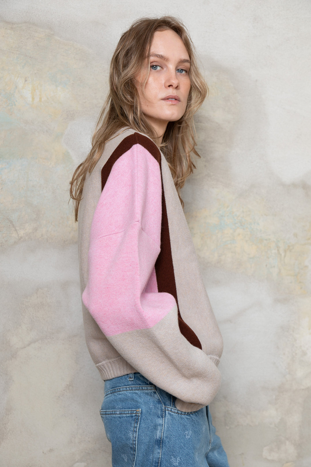 POWDER/SOFT PINK/CHOCOLATE CASHMERE-MERINO WOOL BOMBER JACKET