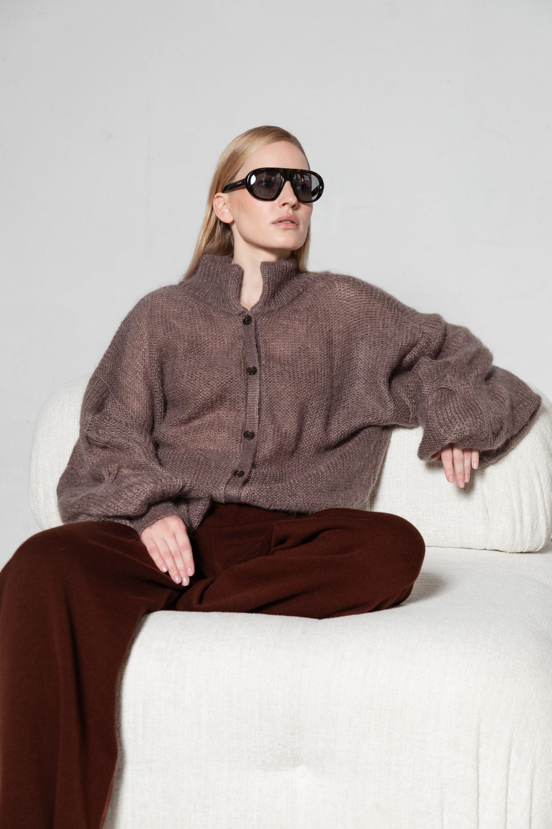 COCOA MOHAIR AND SILK BUTTON DOWN CARDIGAN