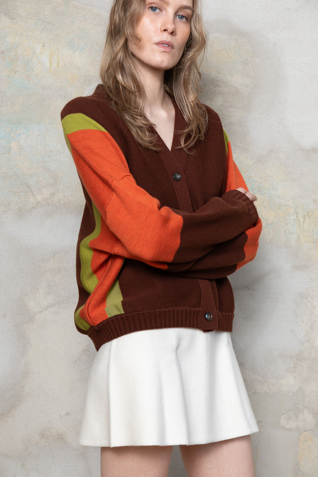 CHOCOLATE/RED ORANGE/PEAR GREEN LAMBSWOOL BOMBER JACKET