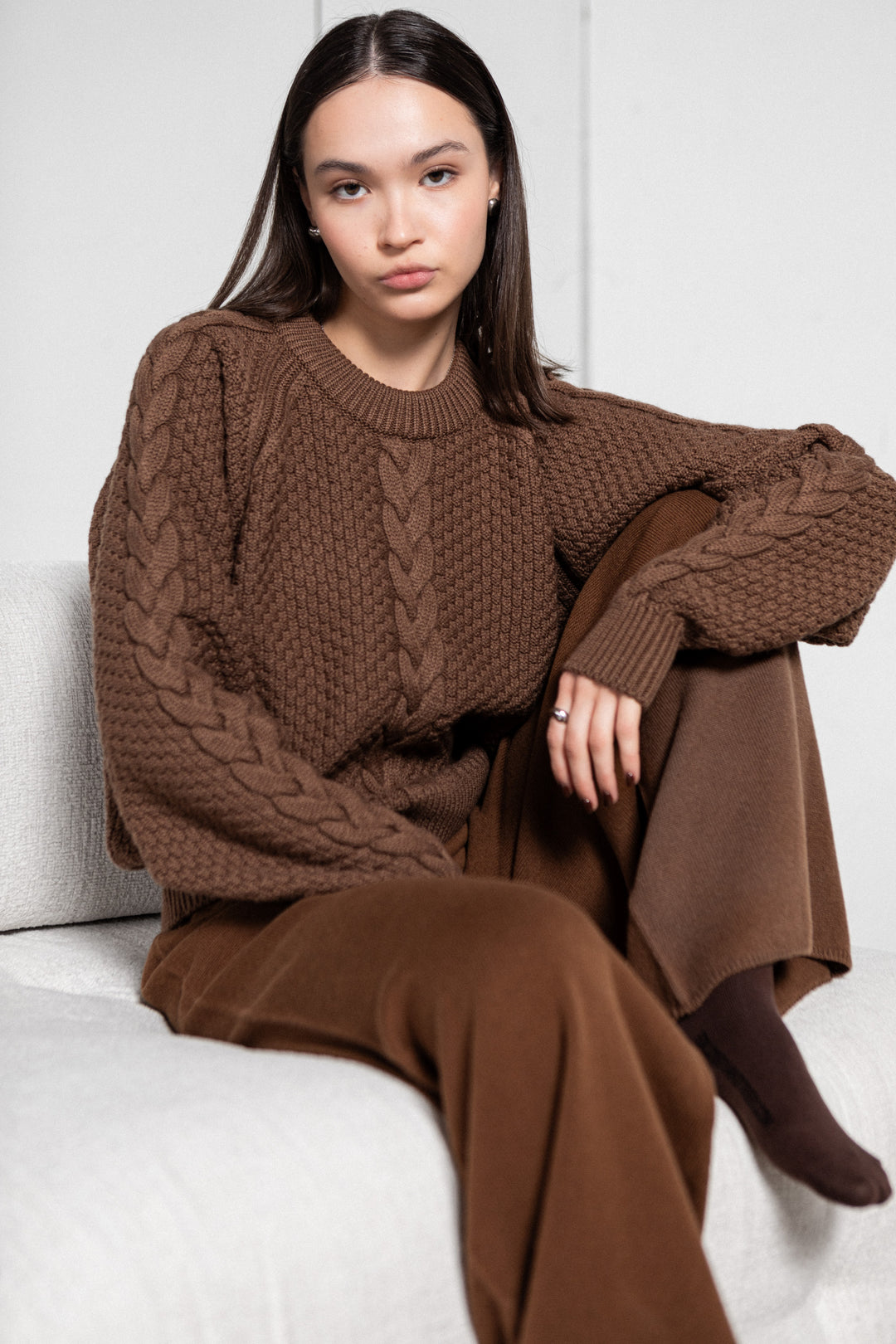 COCOA CABLE-KNIT EXTRA FINE MERINO WOOL SWEATER