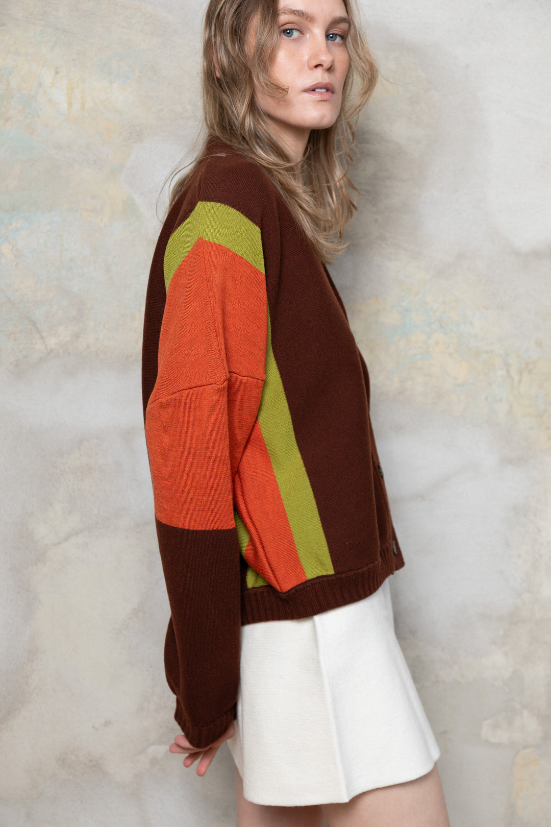 CHOCOLATE/RED ORANGE/PEAR GREEN LAMBSWOOL BOMBER JACKET