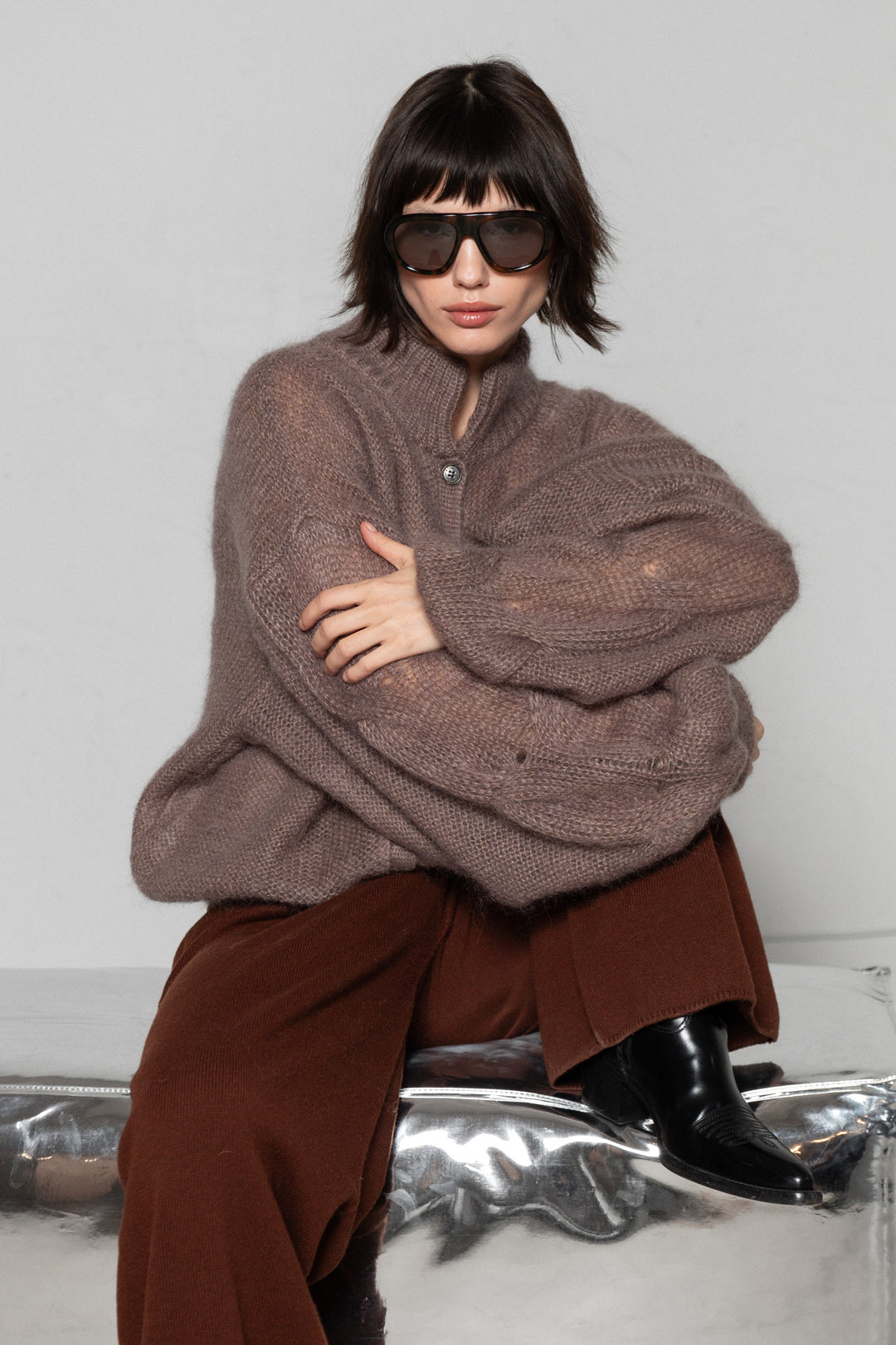 COCOA MOHAIR AND SILK BUTTON DOWN CARDIGAN