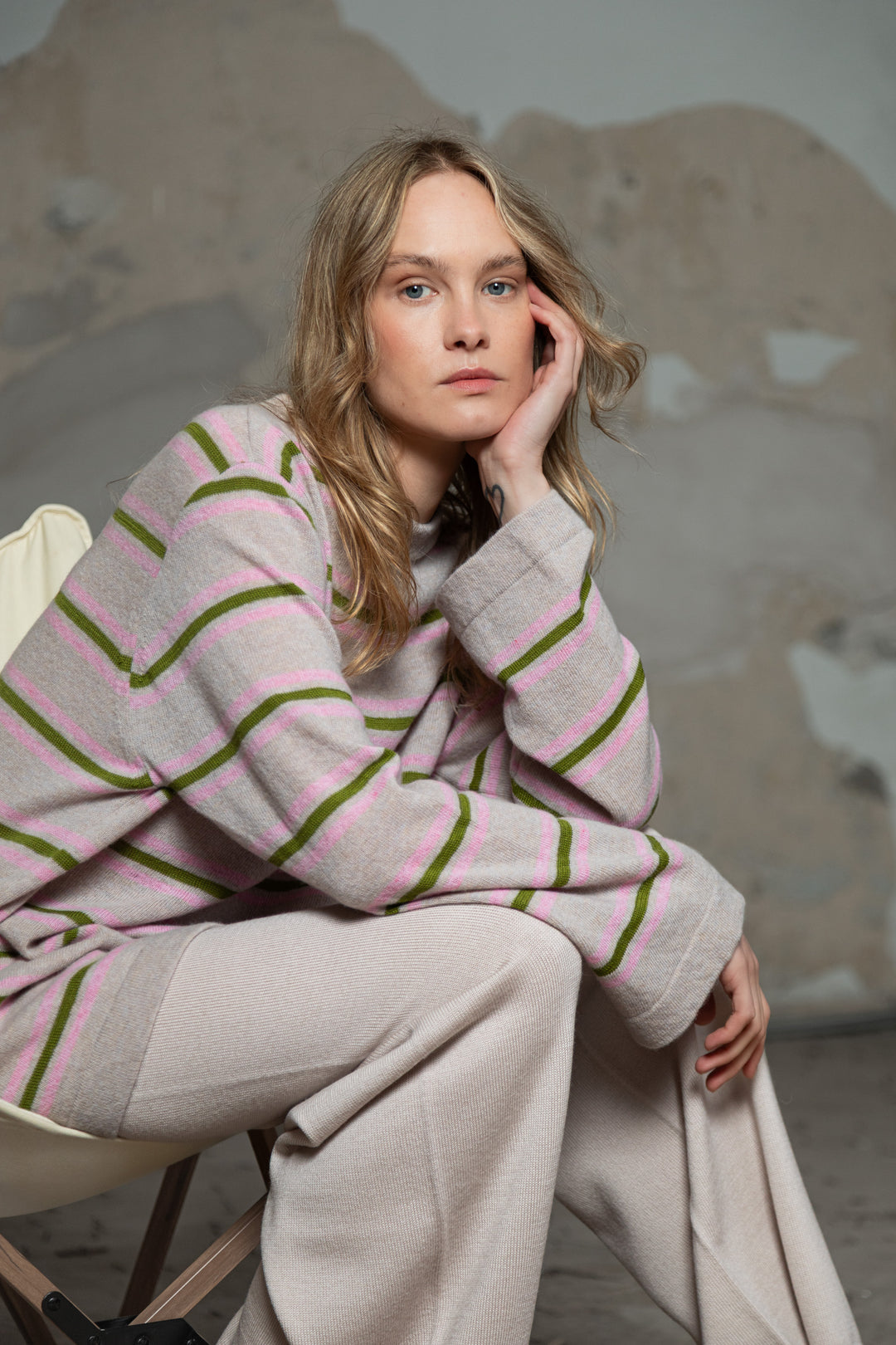 POWDER/LIME GREEN/SOFT PINK CASHMERE-MERINO WOOL SHIRT