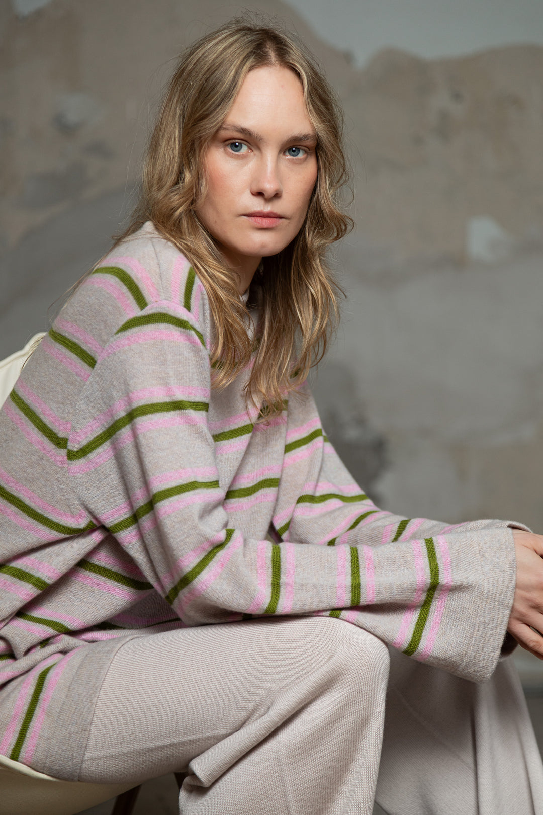 POWDER/LIME GREEN/SOFT PINK CASHMERE-MERINO WOOL SHIRT