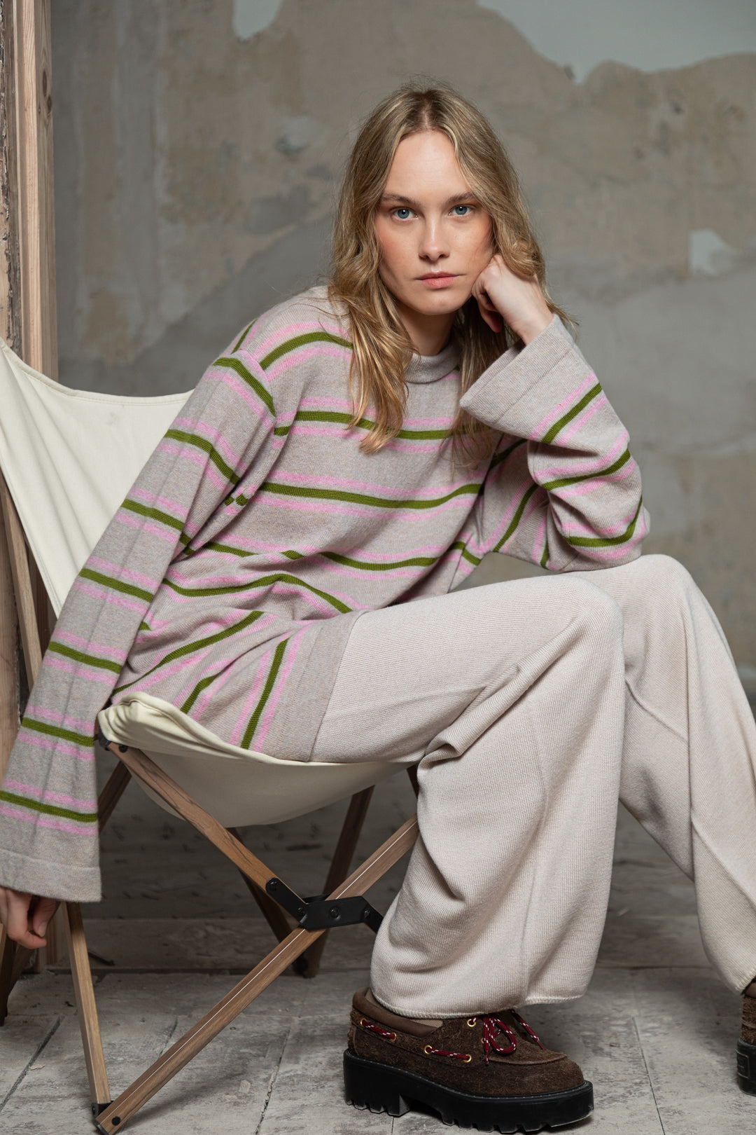 POWDER/LIME GREEN/SOFT PINK CASHMERE-MERINO WOOL SHIRT