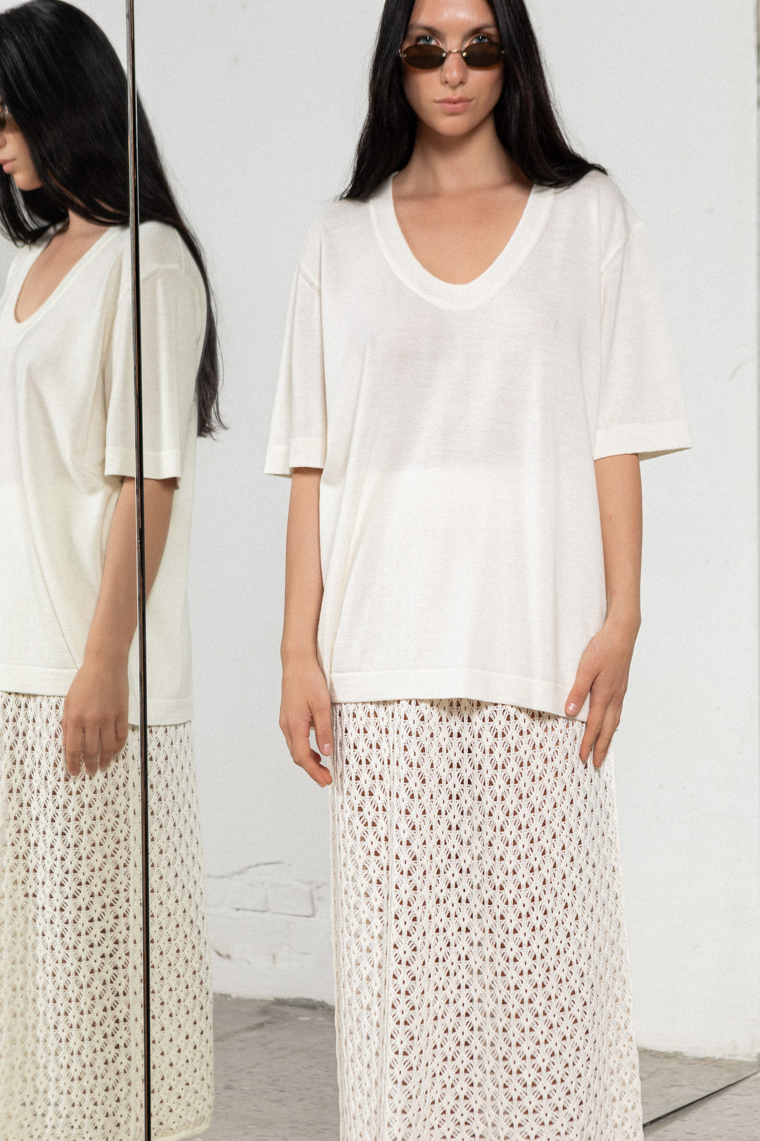 PEARL EXTRA FINE MERINO WOOL U-NECK T-SHIRT