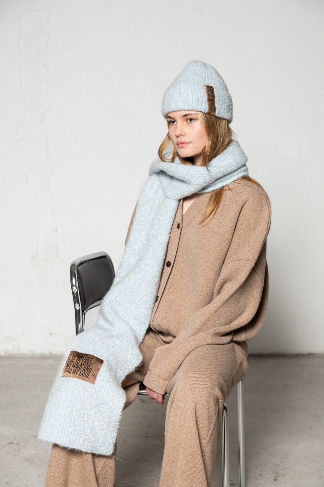 LIGHT BLUE TEDDY ALPACA SCARF WITH BROWN LABEL