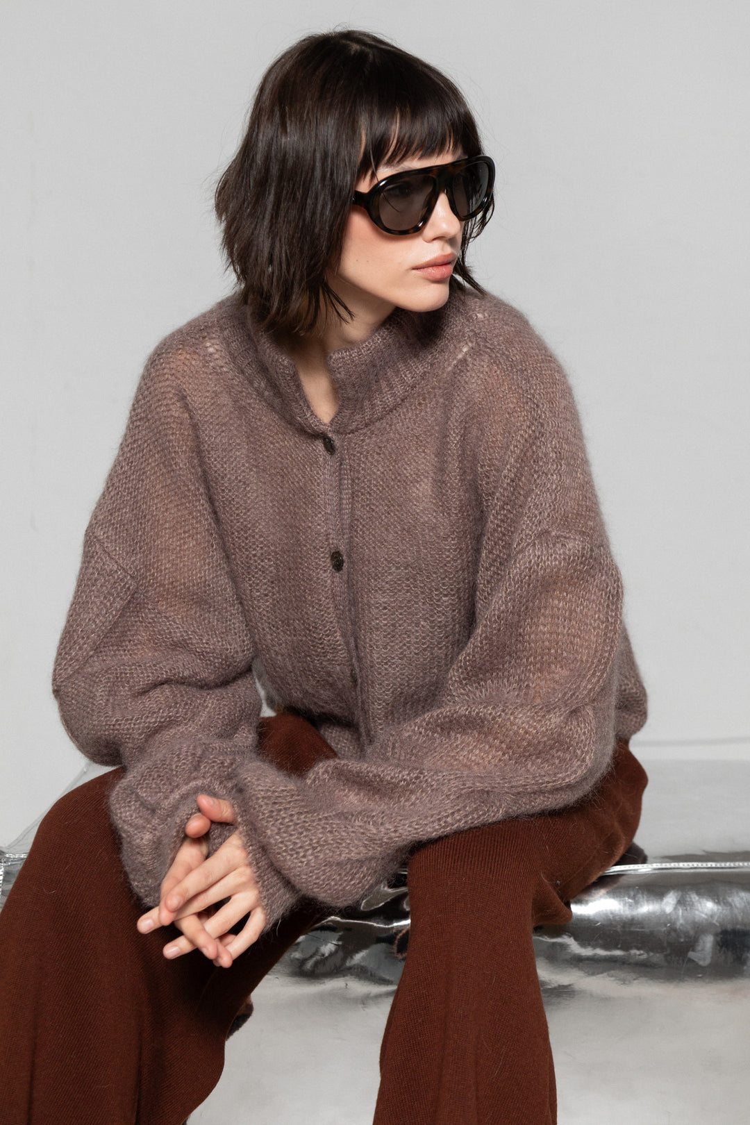 COCOA MOHAIR AND SILK BUTTON DOWN CARDIGAN