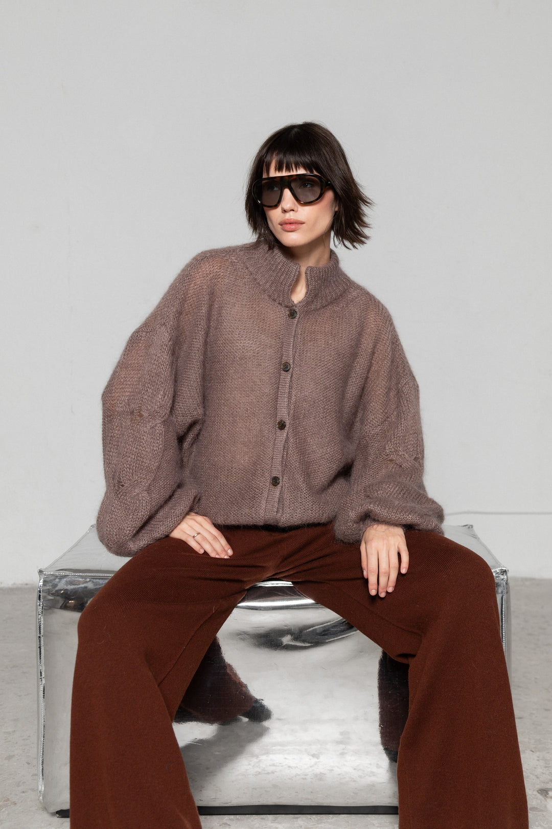 COCOA MOHAIR AND SILK BUTTON DOWN CARDIGAN