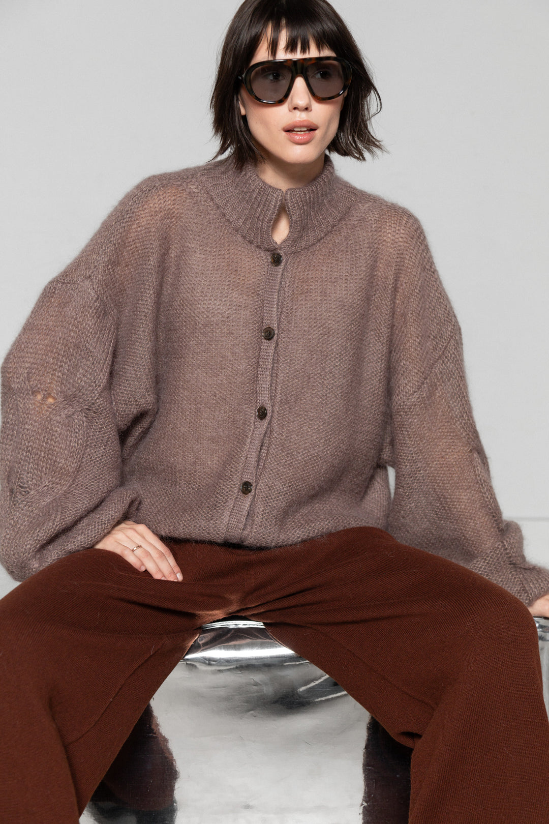 COCOA MOHAIR AND SILK BUTTON DOWN CARDIGAN