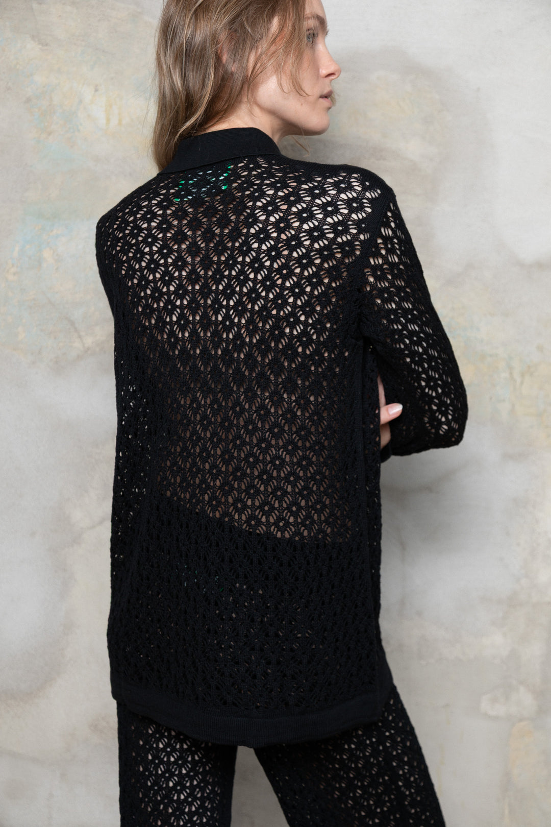 BLACK EXTRA FINE MERINO WOOL LACE POLO SHIRT