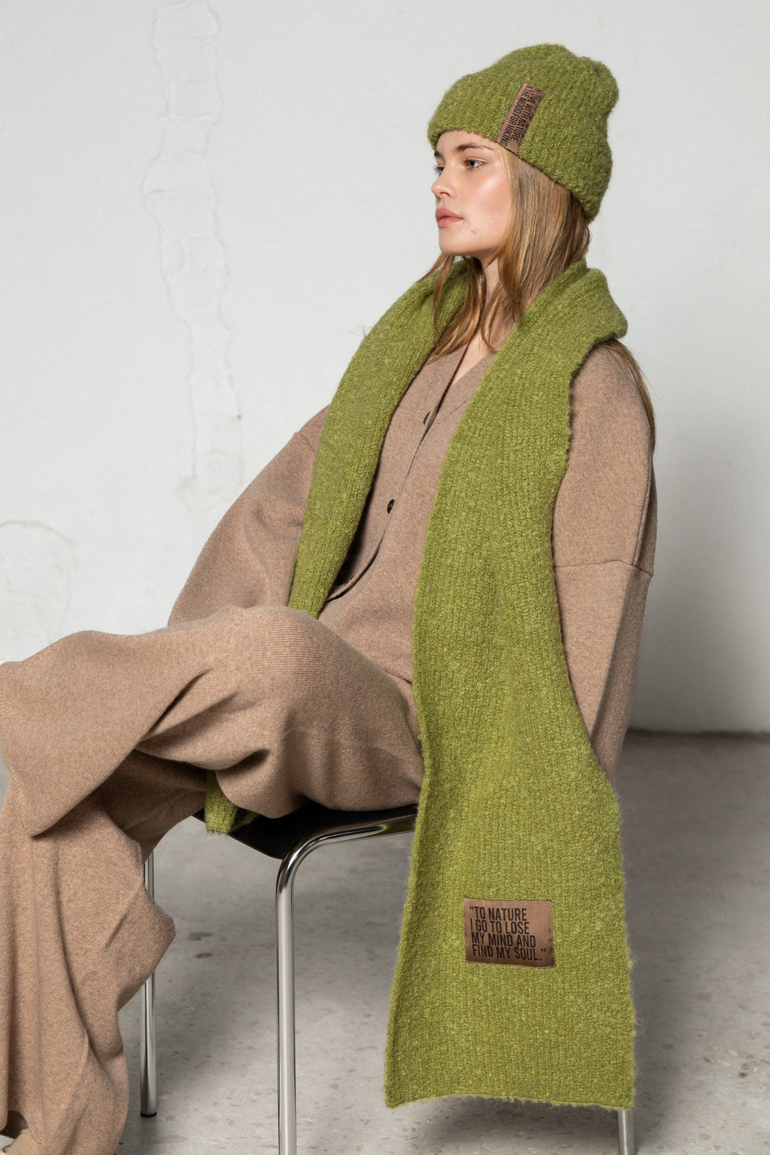 MOSS GREEN TEDDY ALPACA BEANIE WITH CHOCOLATE LABEL