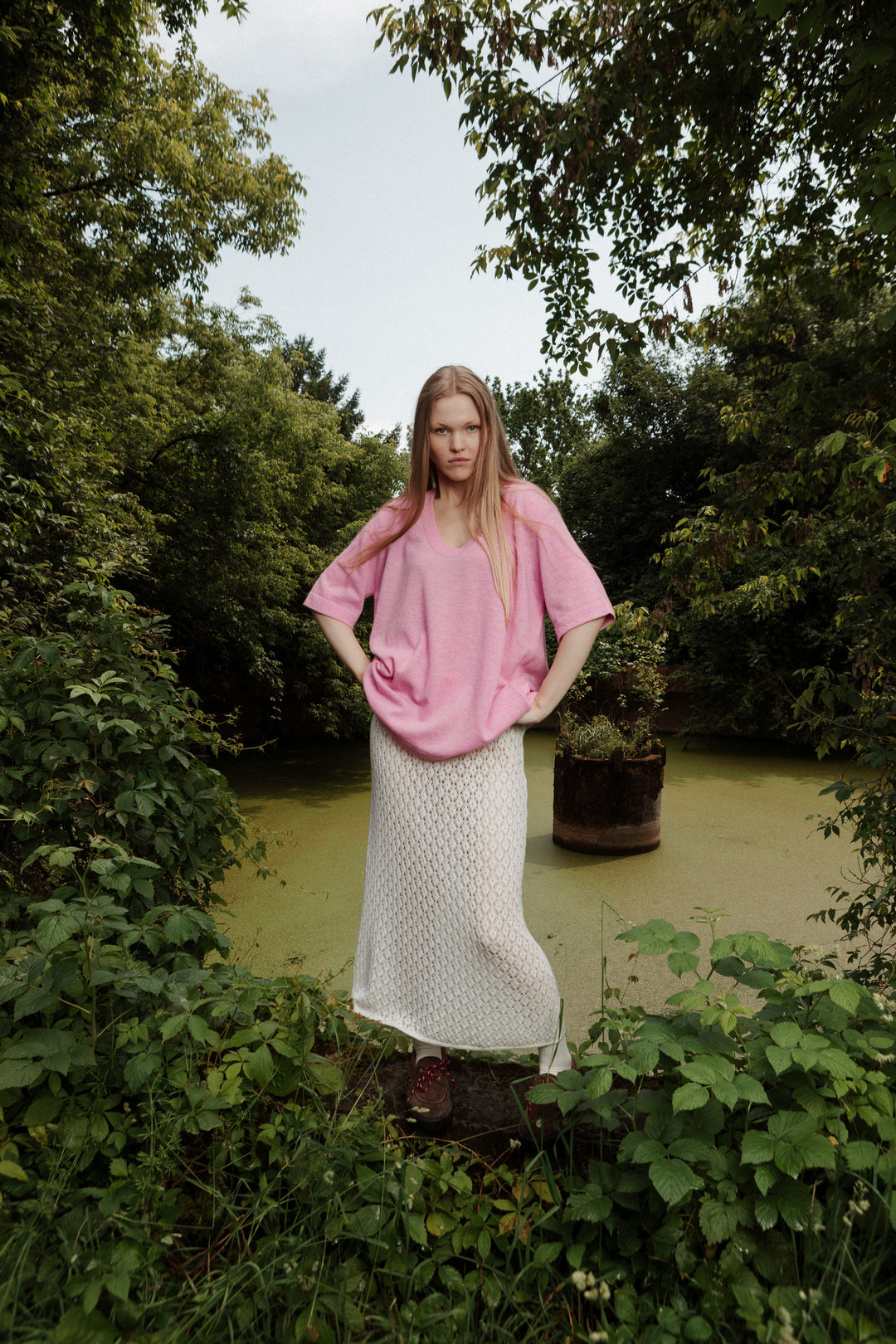 SOFT PINK CASHMERE-MERINO WOOL U-NECK T-SHIRT