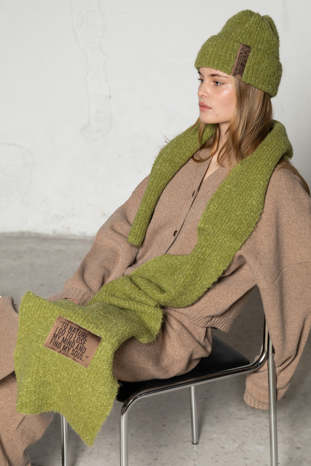 MOSS GREEN TEDDY ALPACA BEANIE WITH CHOCOLATE LABEL