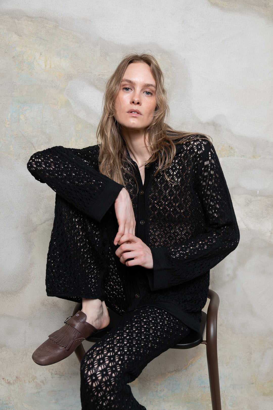 BLACK EXTRA FINE MERINO WOOL LACE POLO SHIRT AND TROUSERS SET