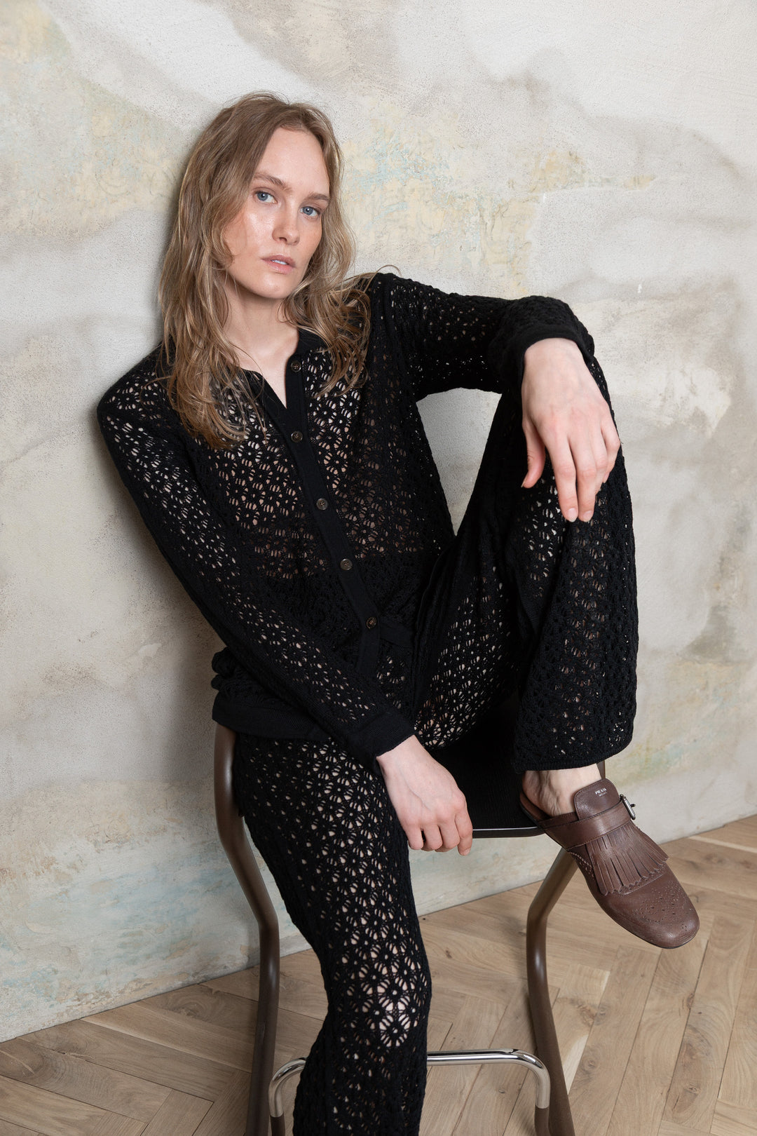 BLACK EXTRA FINE MERINO WOOL LACE POLO SHIRT AND TROUSERS SET