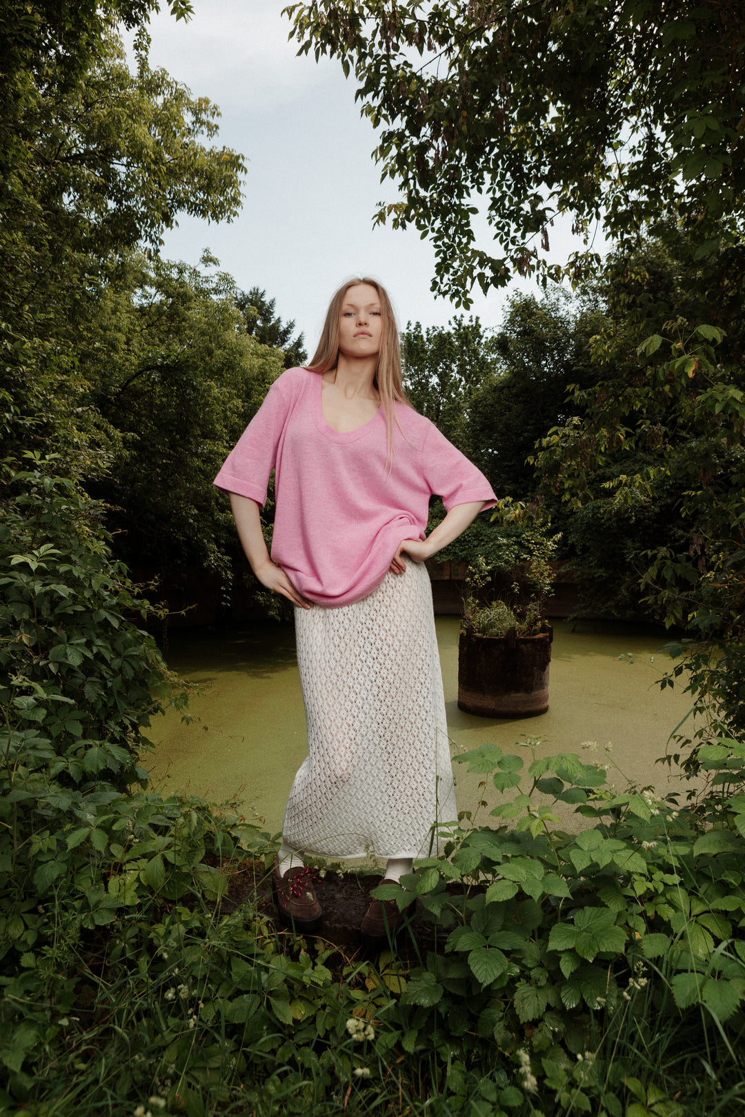 SOFT PINK CASHMERE-MERINO WOOL U-NECK T-SHIRT