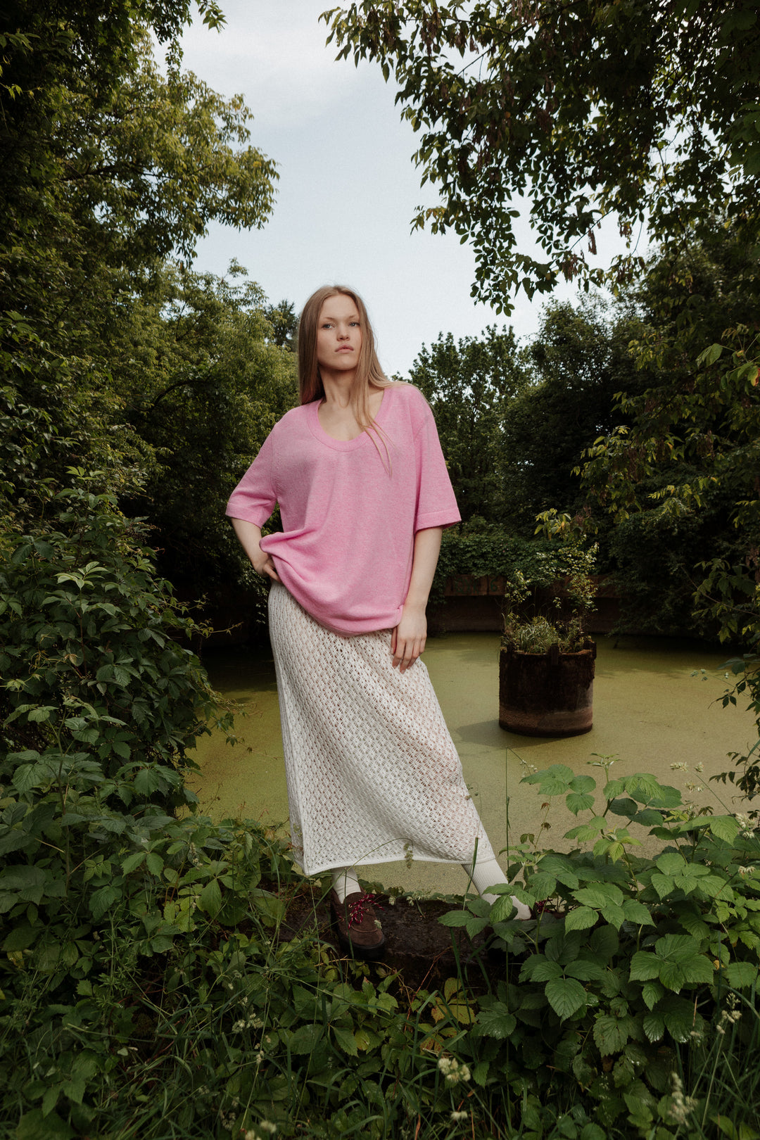 SOFT PINK CASHMERE-MERINO WOOL U-NECK T-SHIRT