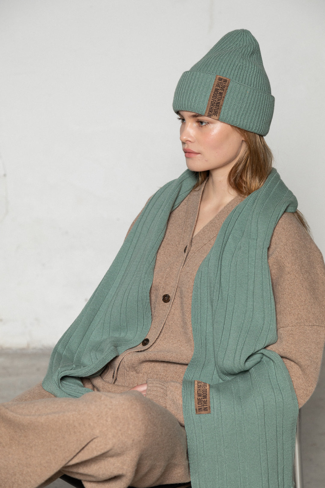 SEA GREEN LAMBWOOL BEANIE WITH CHOCOLATE LABEL