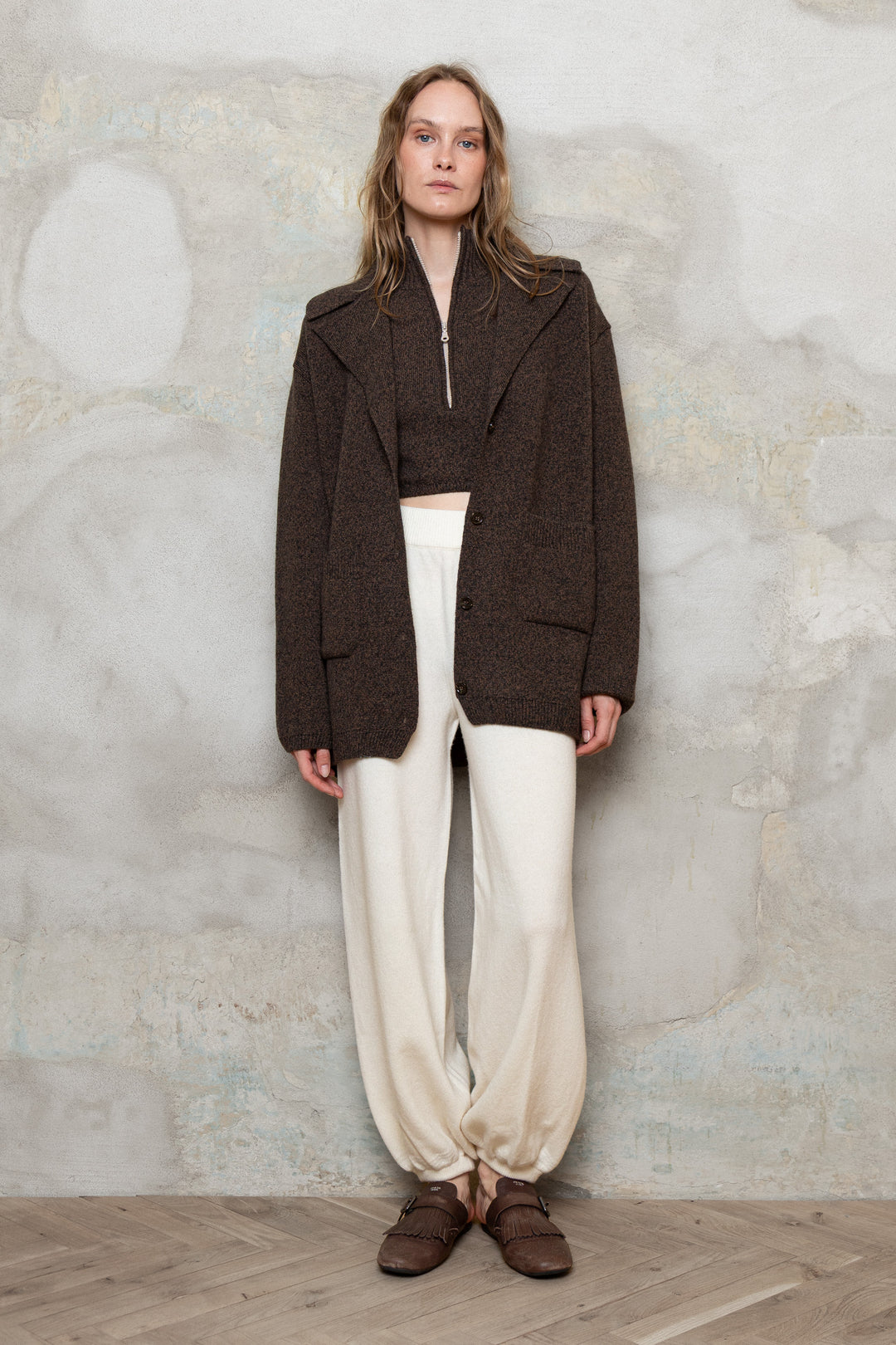 CHOCOLATE BROWN MELANGE CASHMERE-MERINO WOOL CROP TOP