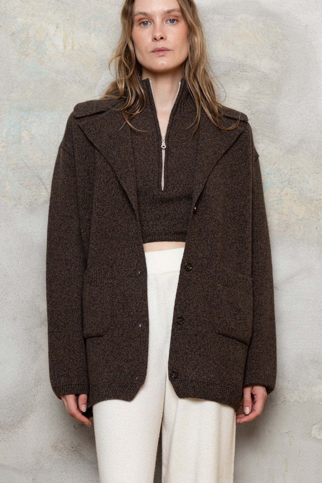 CHOCOLATE BROWN MELANGE CASHMERE-MERINO WOOL JACKET CARDIGAN