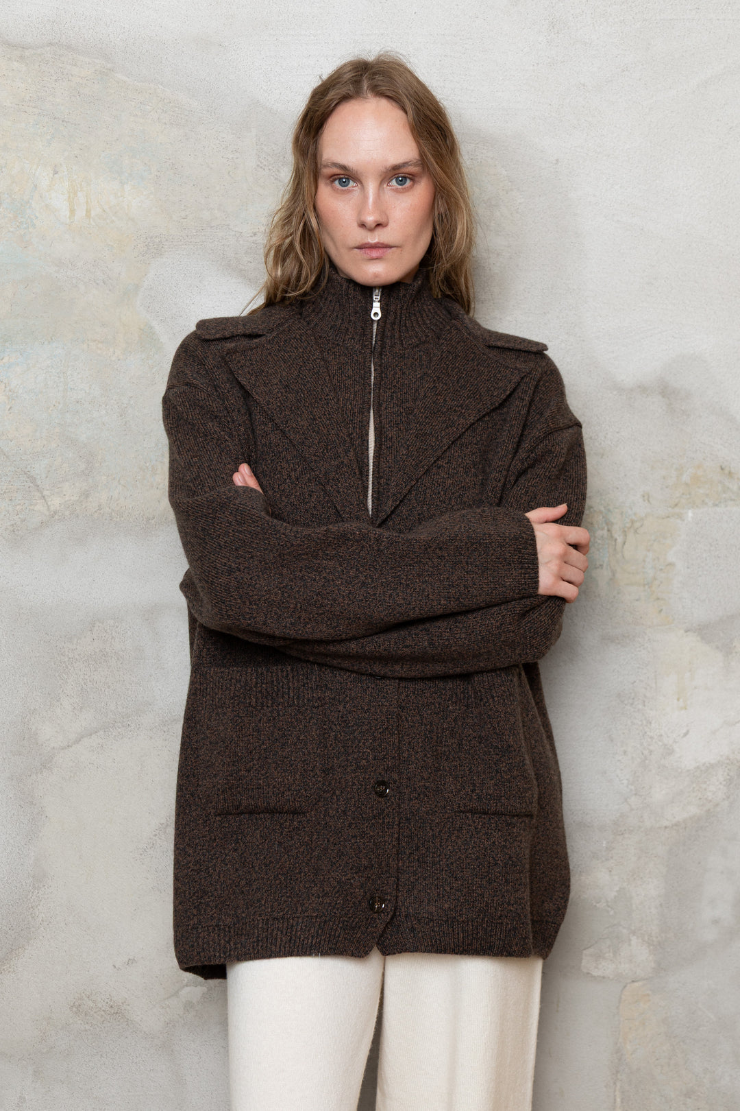 CHOCOLATE BROWN MELANGE CASHMERE-MERINO WOOL JACKET CARDIGAN