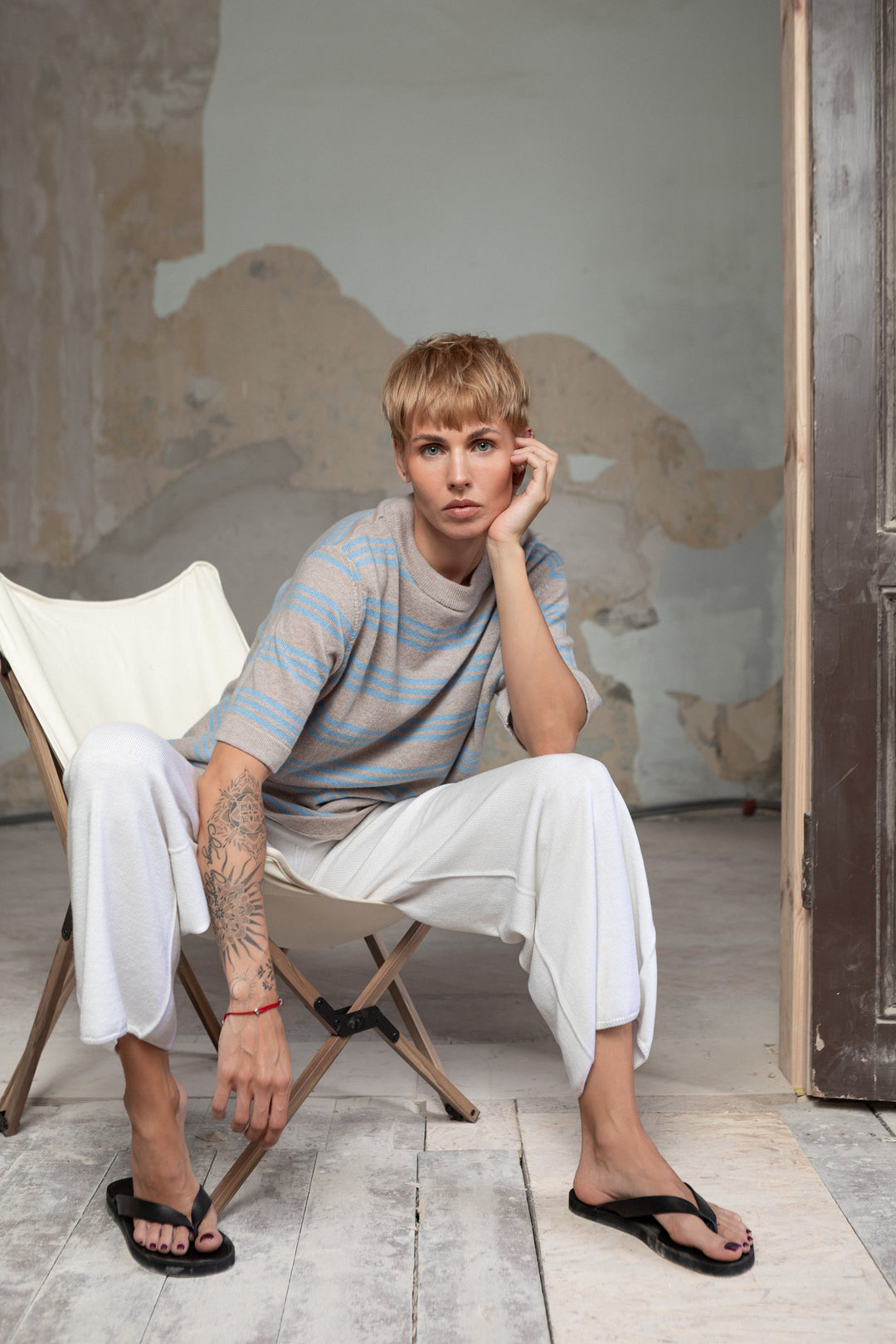 POWDER/CLOUD BLUE CASHMERE-MERINO WOOL T-SHIRT