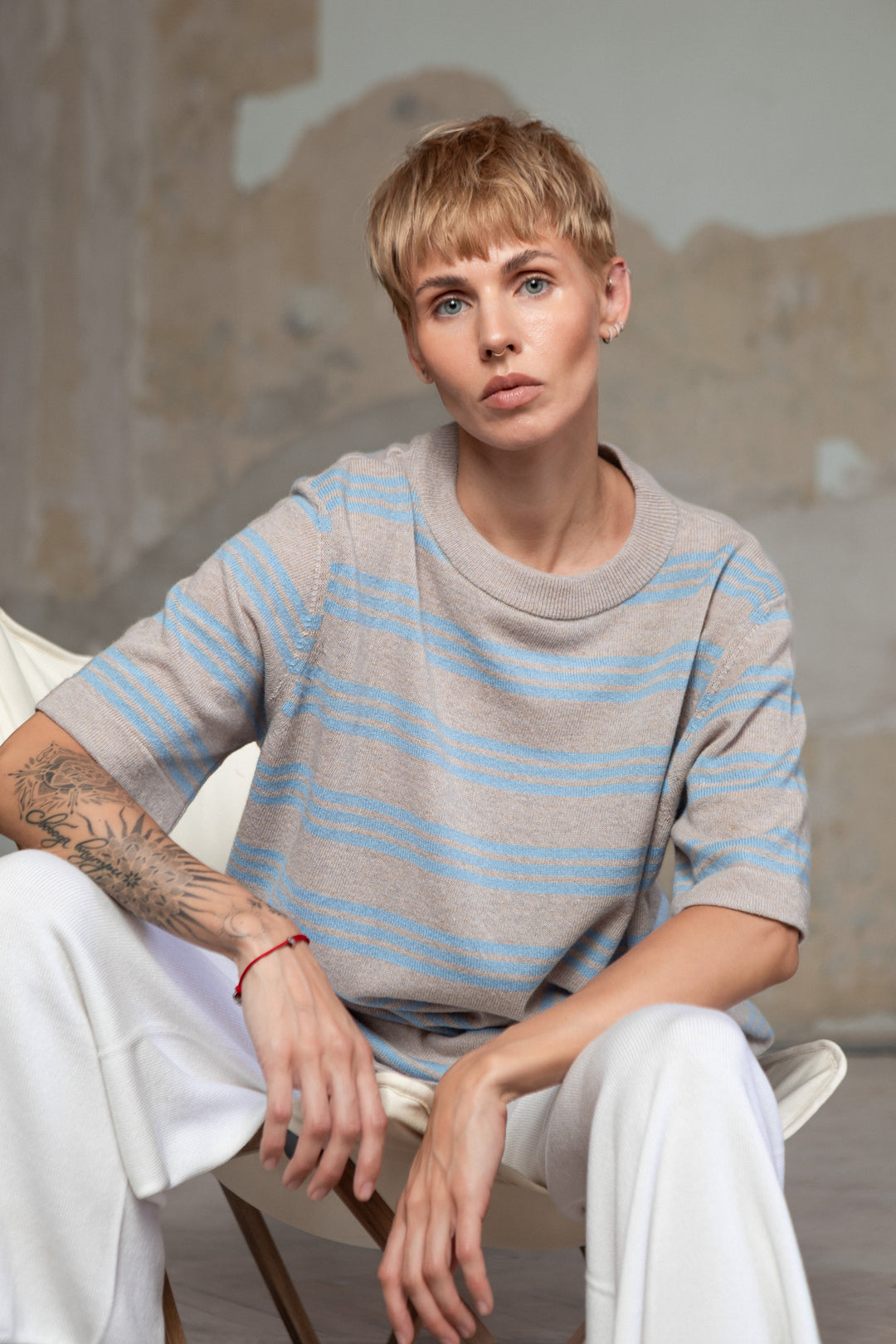 POWDER/CLOUD BLUE CASHMERE-MERINO WOOL T-SHIRT