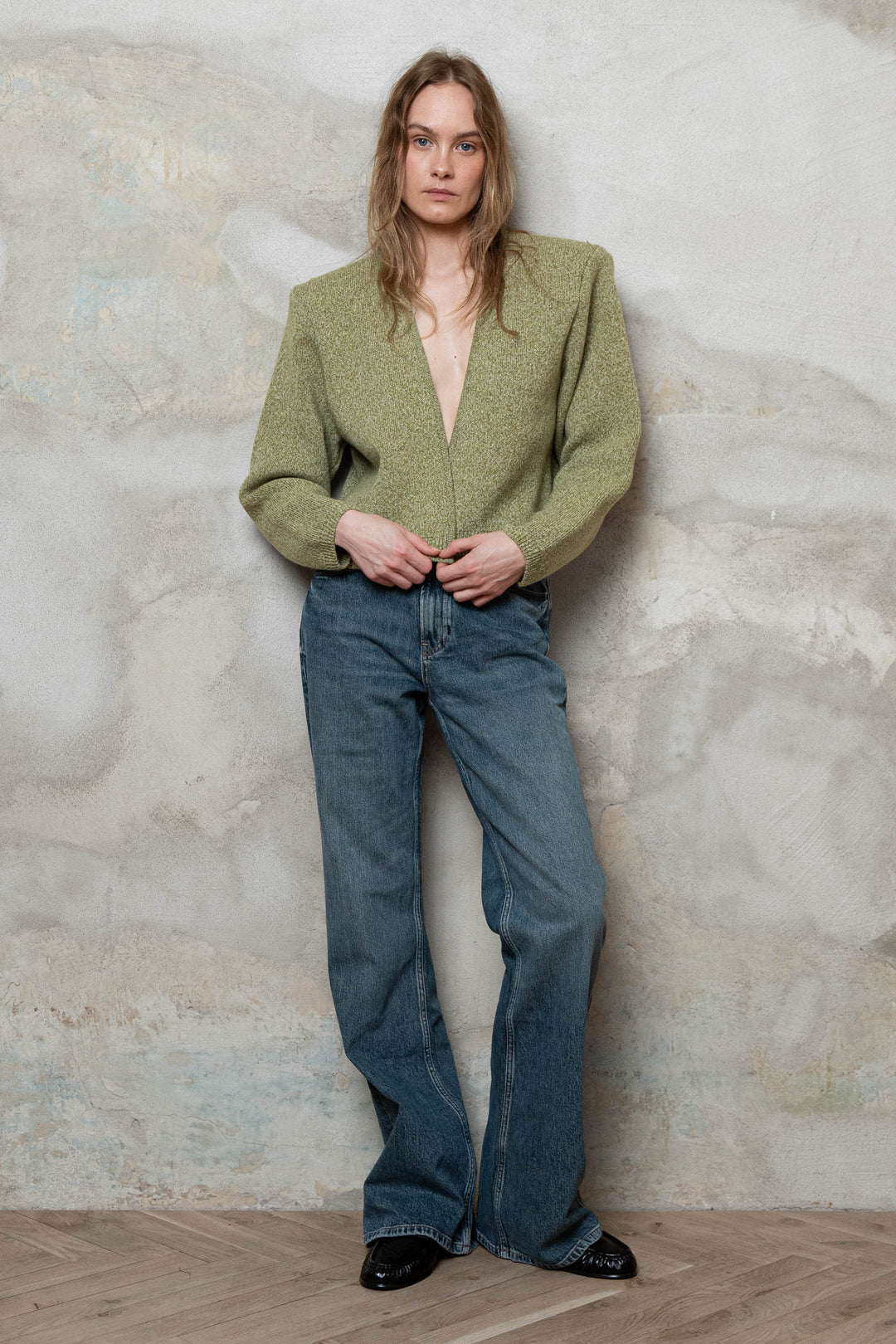 MOSS GREEN MELANGE CASHMERE-MERINO WOOL PADDED SHOULDER JACKET
