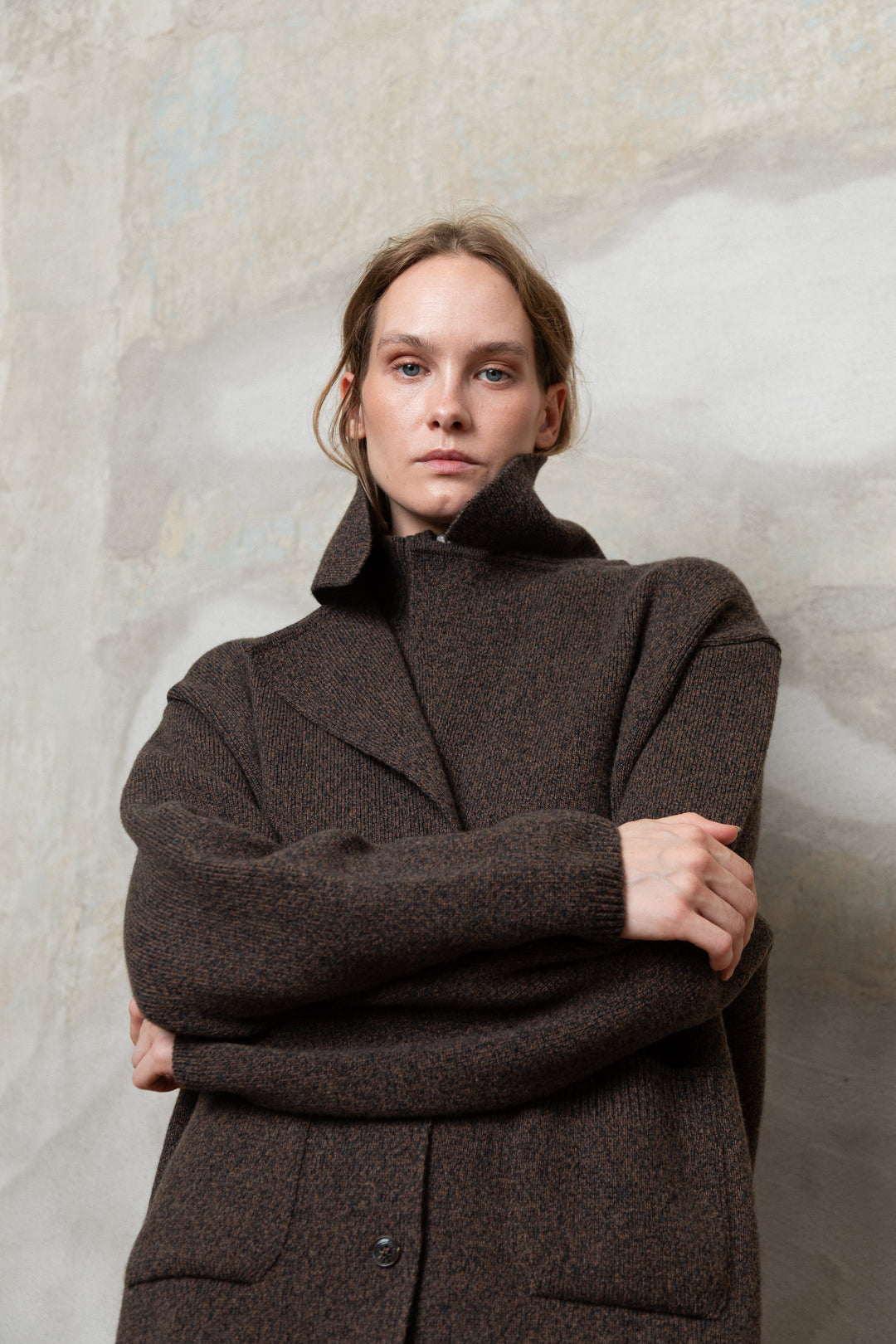 CHOCOLATE BROWN MELANGE CASHMERE-MERINO WOOL JACKET CARDIGAN