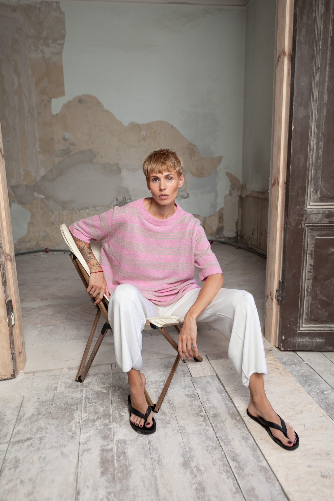 SOFT PINK/POWDER CASHMERE-MERINO WOOL T-SHIRT