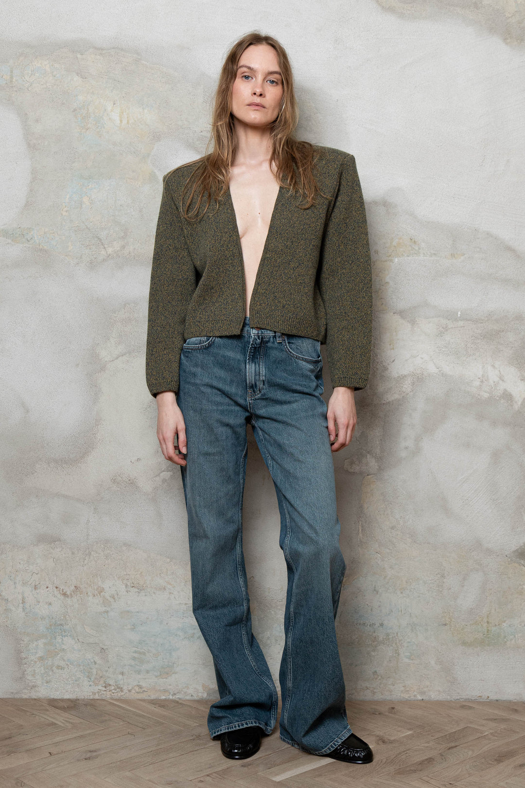 KHAKI MELANGE CASHMERE-MERINO WOOL PADDED SHOULDER JACKET