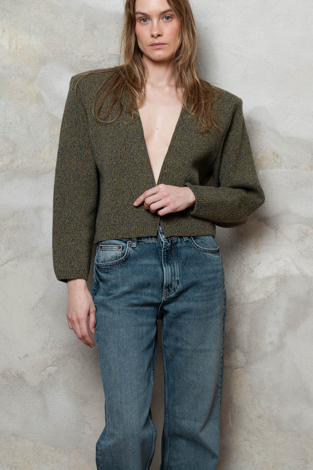KHAKI MELANGE CASHMERE-MERINO WOOL PADDED SHOULDER JACKET