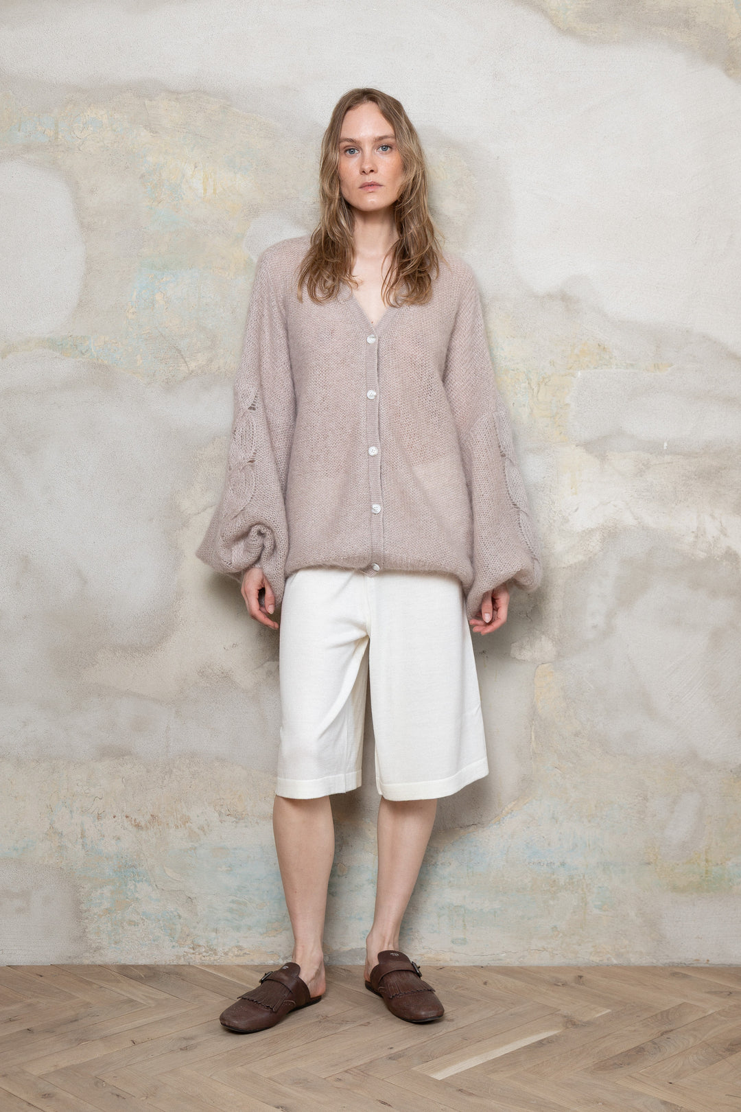 SAND MOHAIR AND SILK CARDIGAN