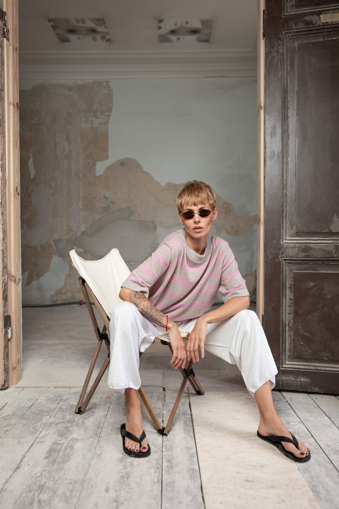 POWDER/SOFT PINK CASHMERE-MERINO WOOL T-SHIRT